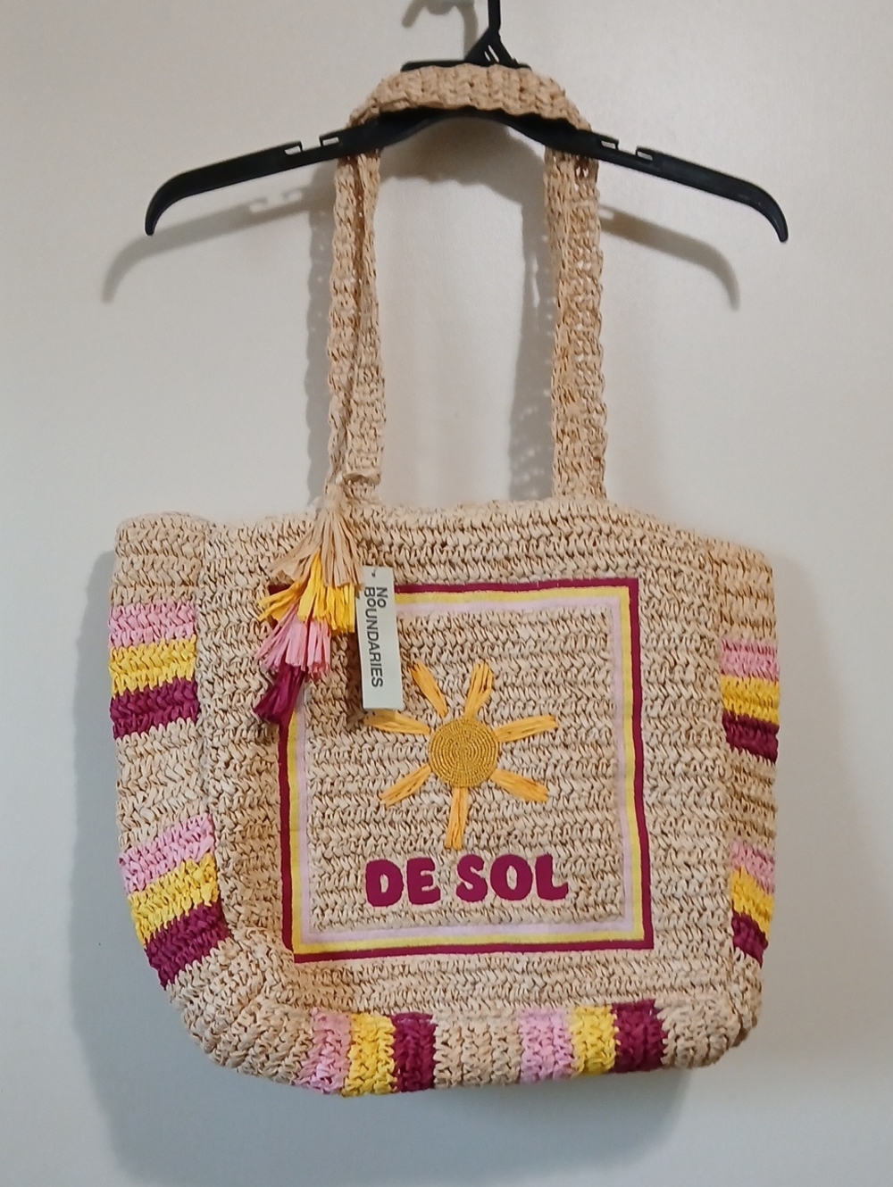 No Boundaries Natural Straw Tote with Pink, Yellow & Burgundy Accents